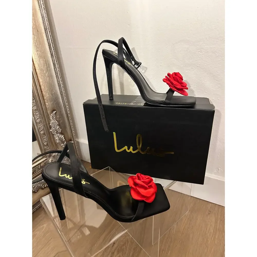 Black Satin Red Rosette Ankle Strap Heels by Lulus Size 7